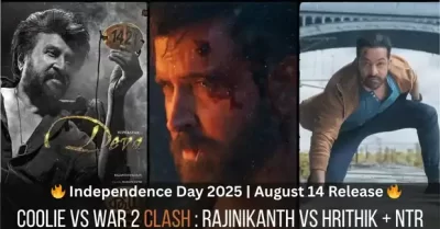 Coolie vs War 2 Clash poster featuring Rajinikanth, Hrithik Roshan, and NTR for the Independence Day 2025 release – Filmosity