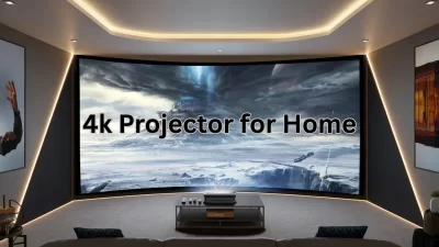 4K projector for home in 2025 showing a modern home theater setup with large screen